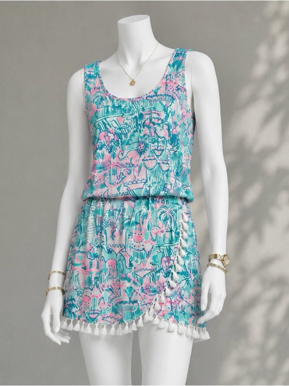 Lilly Pulitzer Jarrett Romper XS Agate Green Pink Sleeveless Tassel Knit Shorts